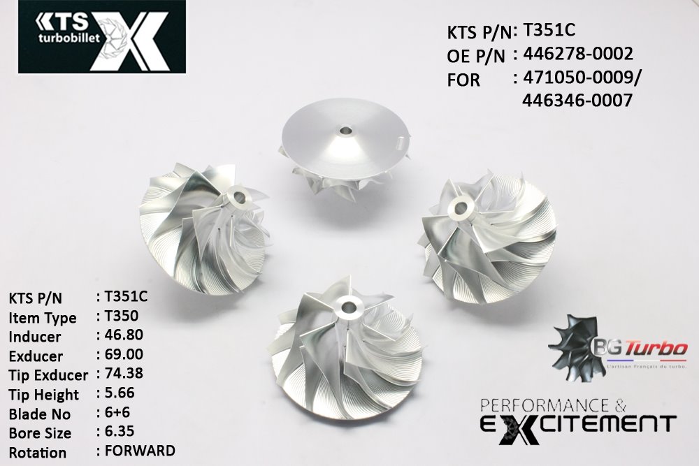 Turbo ROUE FORGÉE MFS PERFORMANCE - 6+6 PALES - INDUCER : 46,8 - EXDUCER : 69 - TYPE : T350ANGLE : 75° - ROTATION : Forward - SUPER BACK : 3,71 - BORE SIZE : 6,35
